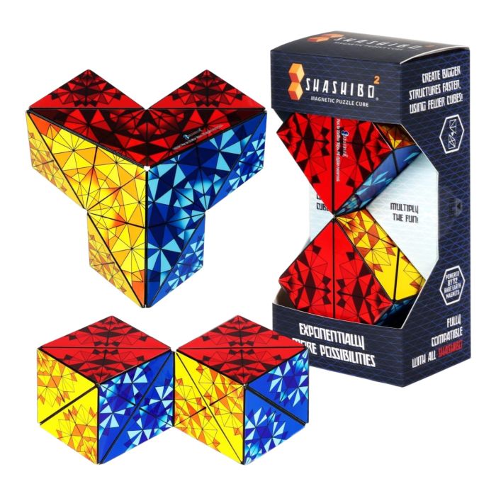 Shashibo magnetic puzzle cube transforming into colourful geometric shapes with vibrant red, blue and yellow patterns plus retail packaging Adventure Awaits