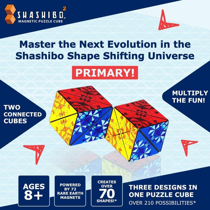 Shashibo magnetic puzzle cube primary edition showing connected geometric shape transformations with colourful red, blue and yellow panels for creative sensory play Adventure Awaits