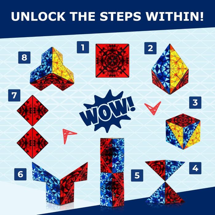 Shashibo magnetic puzzle cube transformation guide showing eight colourful geometric shape shifting steps with red, blue and yellow magnetic panels Adventure Awaits