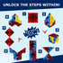 Shashibo magnetic puzzle cube transformation guide showing eight colourful geometric shape shifting steps with red, blue and yellow magnetic panels Adventure Awaits