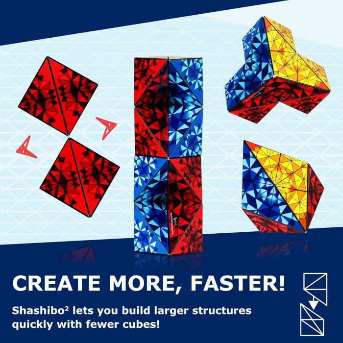 Shashibo magnetic puzzle cubes creating larger geometric structures with colourful red, blue and yellow shape shifting designs for creative sensory play Adventure Awaits