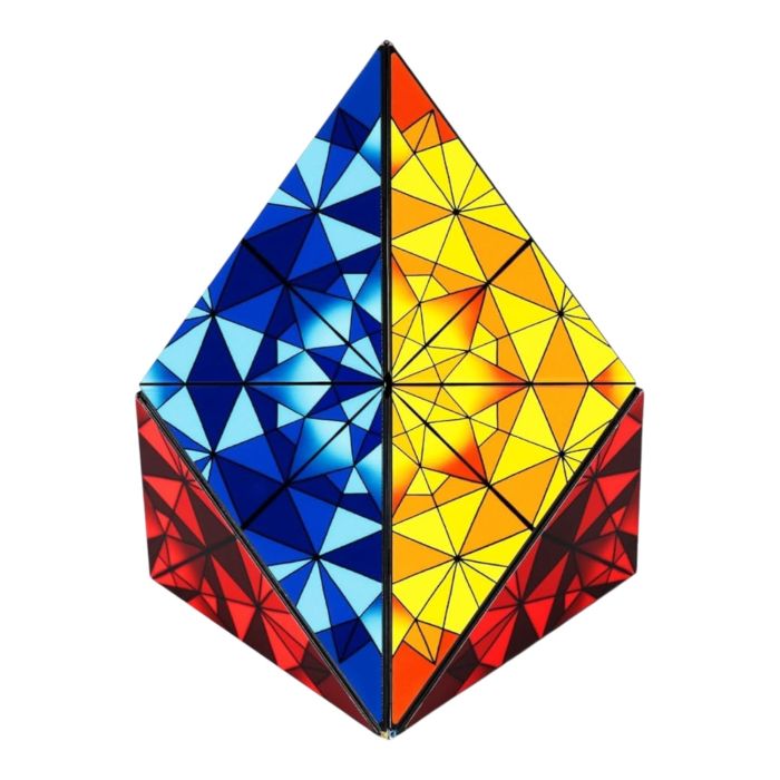 Shashibo magnetic puzzle cube transformed into a colourful geometric diamond shape with vibrant blue, yellow and red patterned panels Adventure Awaits