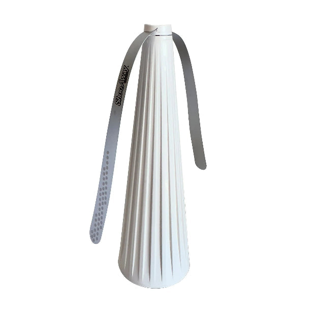 White ribbed portable lantern with grey hanging straps on white background — Adventure Awaits