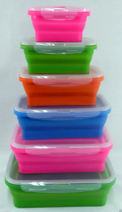 Adventure Awaits colourful collapsible silicone food containers stacked in assorted sizes with secure lids