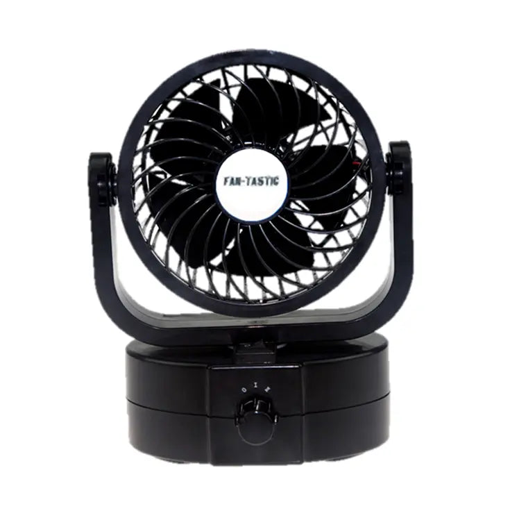 Black portable 12V fan with 'Fa-Tastic' branding on a white background
