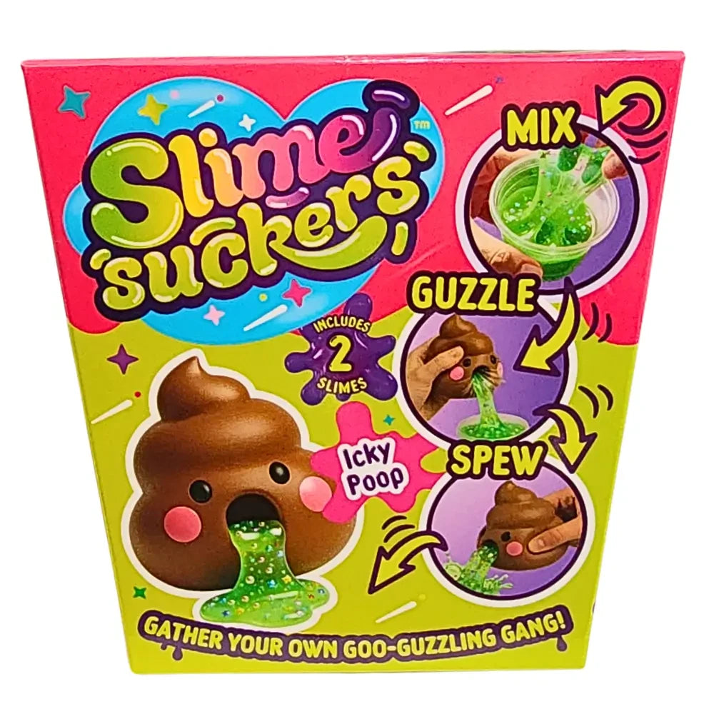Slime Suckers 'Icky Poop' toy kit packaging, featuring a bright pink and lime green box with cartoon illustrations of a smiling poop-shaped slime character and steps to mix, gulp, and spew slime.