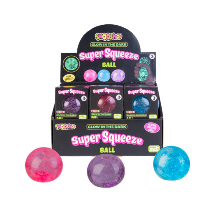 Super Squeeze glow in the dark ball squishy toys in pink, purple and blue display — Adventure Awaits