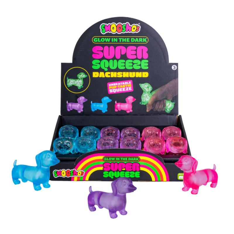 Super Squeeze glow in the dark dachshund squishy toys in blue, purple and pink display — Adventure Awaits
