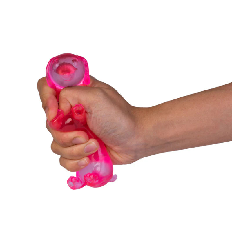 Hand squeezing pink translucent dachshund squishy toy on white background — Adventure Awaits