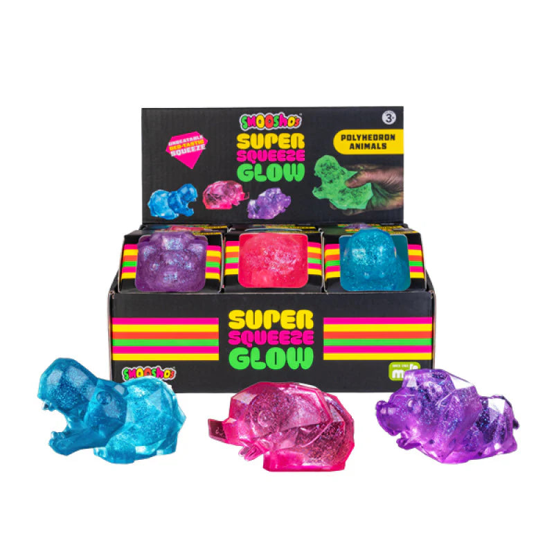 Super Squeeze glow in the dark polyhedron animal squishy toys in blue, pink and purple display — Adventure Awaits