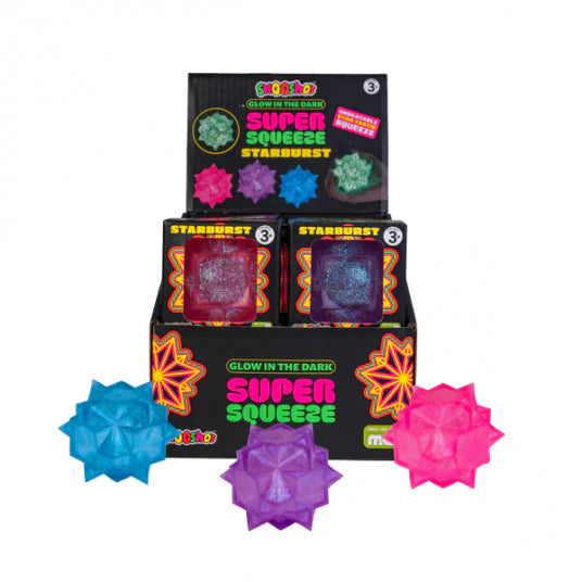 Glow in the dark Super Squeeze starburst squishy toys in bright pink, blue and purple — Adventure Awaits