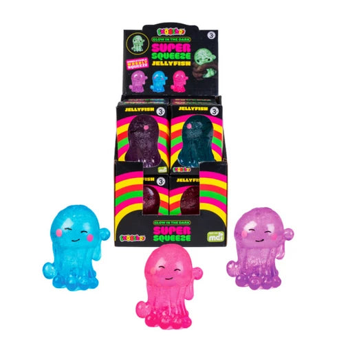 Super Squeeze Jellyfish sensory toys in blue, pink and purple with soft squishy tentacles in packaging — Adventure Awaits