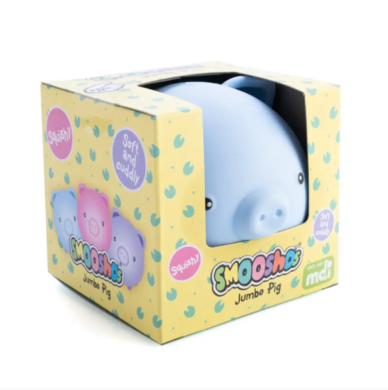 Smoosho’s Jumbo Pig squishy sensory toy in pastel blue displayed inside branded packaging box