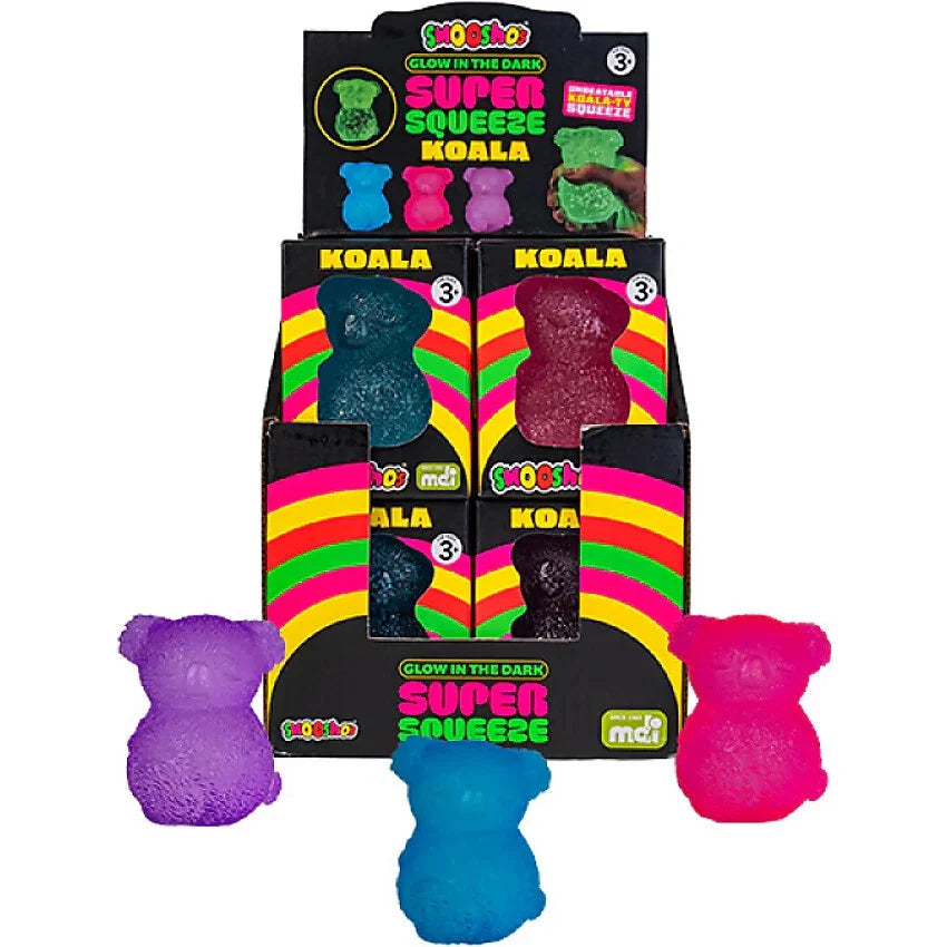Super Squeeze glow in the dark koala squishy toys in pink, blue and purple display — Adventure Awaits