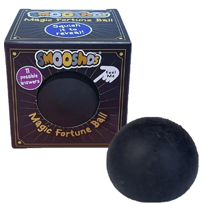 Smoosho’s Magic Fortune Ball squishy toy with mystery answer reveal box and black stress ball