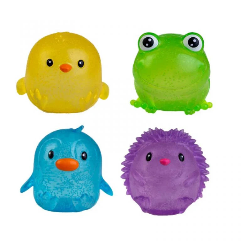 Yellow chick, green frog, blue penguin and purple hedgehog mini squishy toys — Adventure Awaits