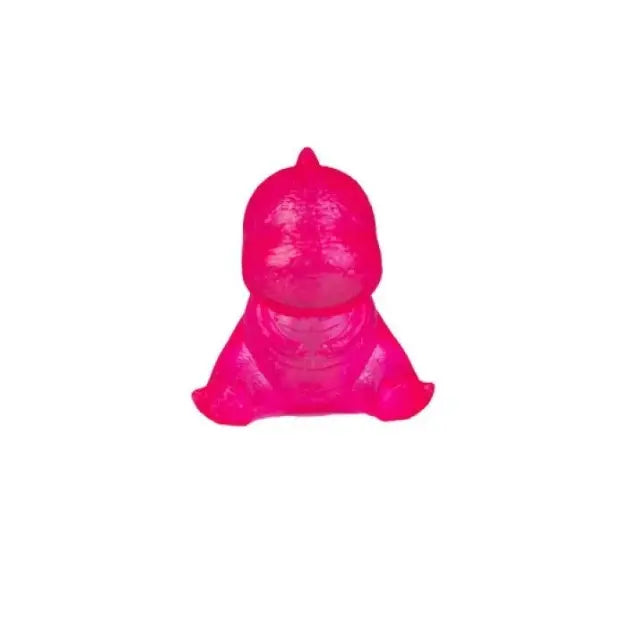 Pink dino squishy toy with translucent soft body on white background — Adventure Awaits