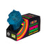 Blue toy with packaging featuring colorful text on a white background