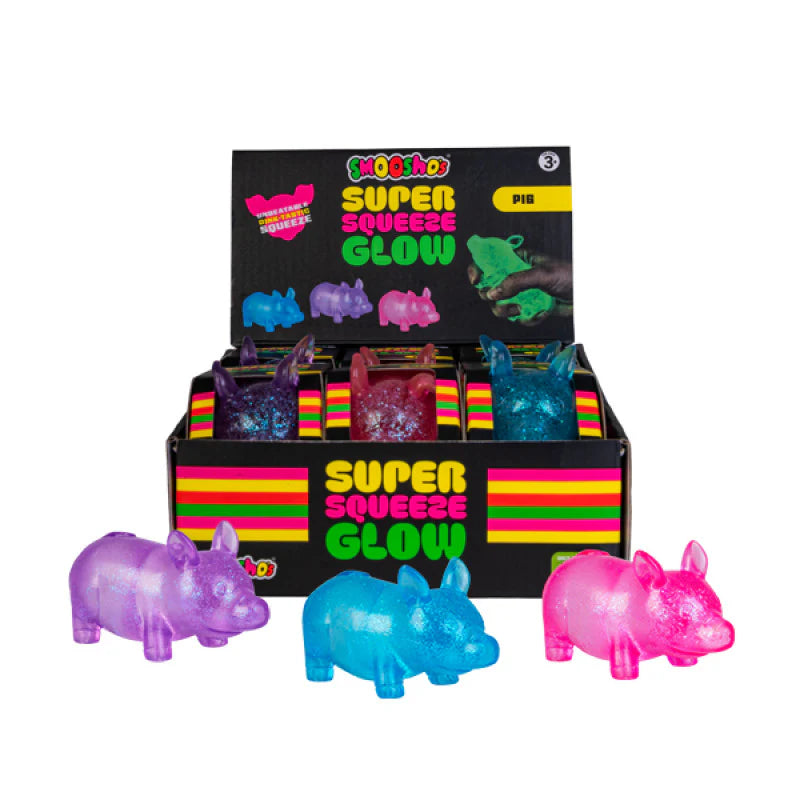 Display of Super Squeeze Glow toys with colorful packaging on a white background