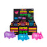 Display of Super Squeeze Glow toys with colorful packaging on a white background