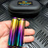 hand holding a smooth iridescent Kaiko Mini Hand Roller sensory tool with black zip storage case in background