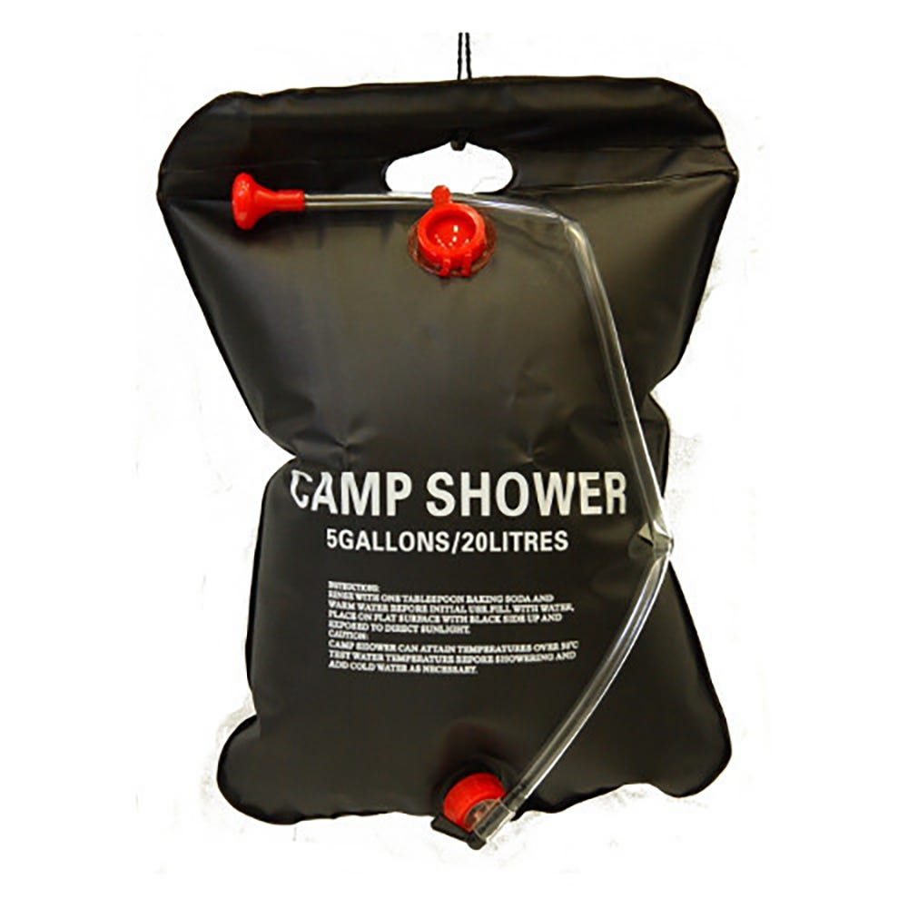 Black camp shower with red handles on a white background
