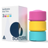 Solmates refillable travel pot trio with three stackable containers in pink, yellow and blue, compact storage for toiletries and creams at home or travel Adventure Awaits
