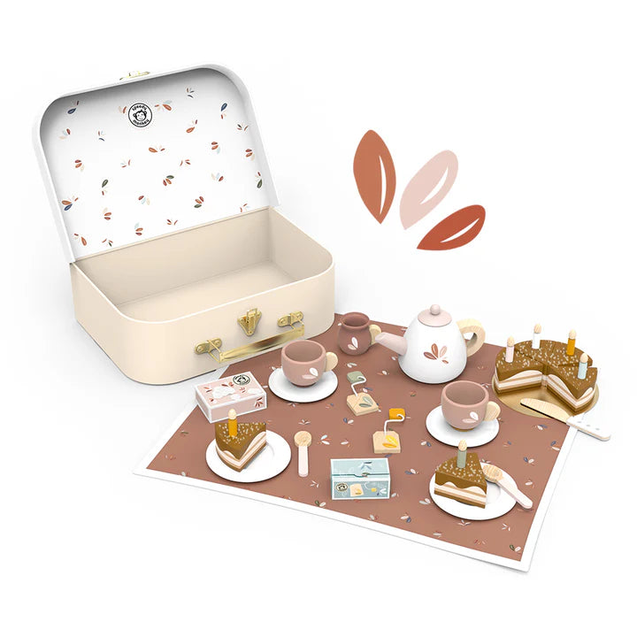 Wooden tea party suitcase set with cake, cups and teapot on floral play mat — Adventure Awaits