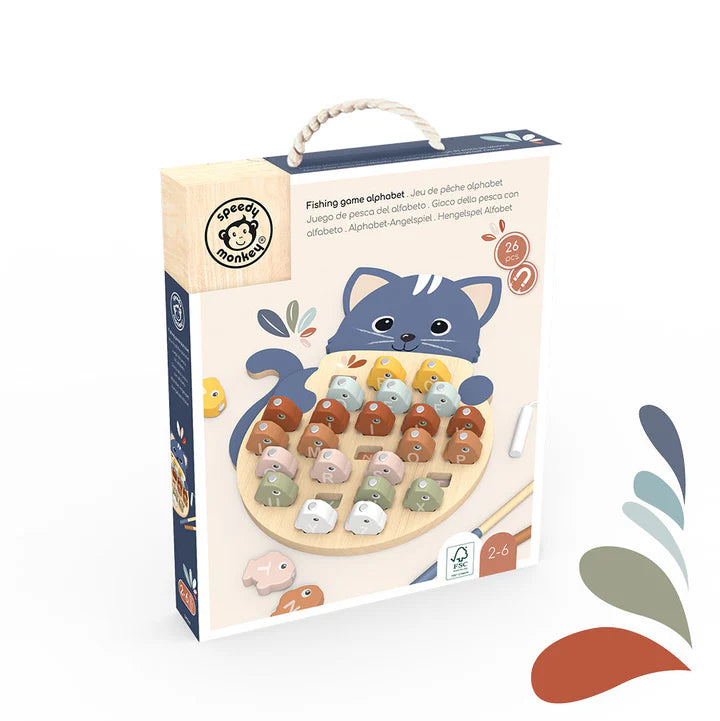 Speedy Monkey boxed wooden alphabet fishing game with cat board, 26 pieces — Adventure Awaits