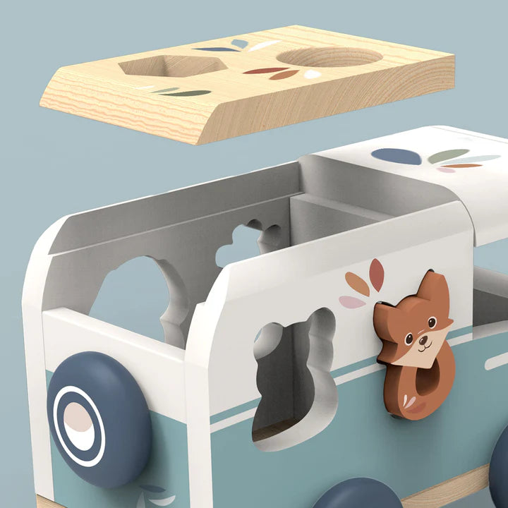 Wooden caravan shape sorter with lift-off lid and animal cut-out holes — Adventure Awaits