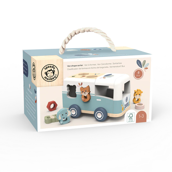 Speedy Monkey boxed wooden caravan shape sorter toy with FSC label, 6 pieces — Adventure Awaits