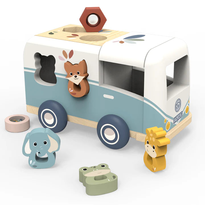 Wooden toy caravan with animal shape sorters and soft blue wheels — Adventure Awaits