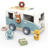 Wooden toy caravan with animal shape sorters and soft blue wheels — Adventure Awaits
