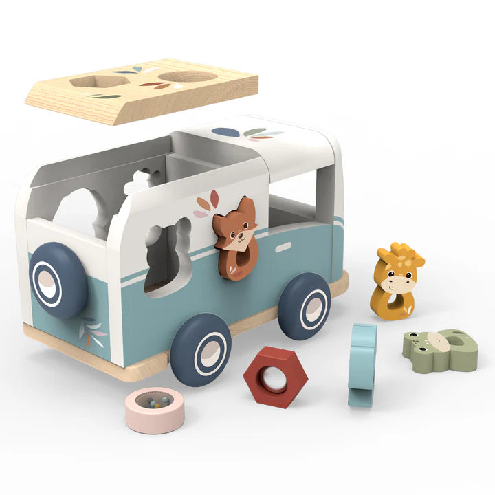 Wooden animal bus shape sorter toy with safari figures and colourful blocks — Adventure Awaits