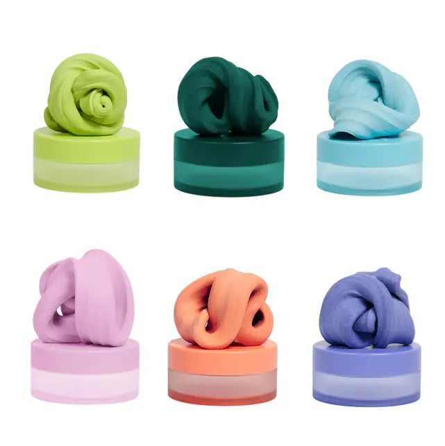 Six colourful tubs of soft sensory putty in green, teal, blue, pink, orange and purple — Adventure Awaits