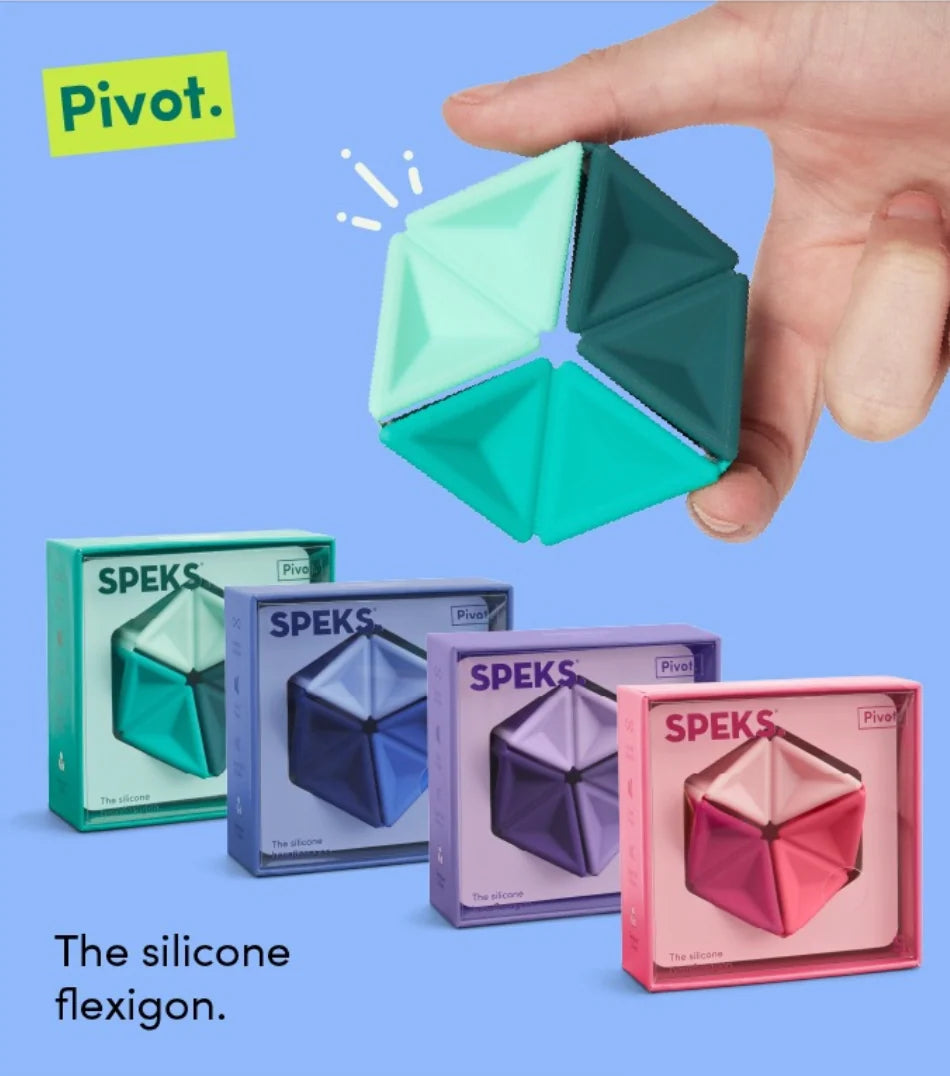 Speks Pivot silicone hexaflexagon fidget in hand beside teal, blue, purple and pink gift boxes