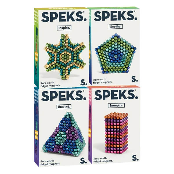 Speks rare earth fidget magnets collection showing four styles - Inspire, Soothe, Unwind and Energize -Adventure Awaits