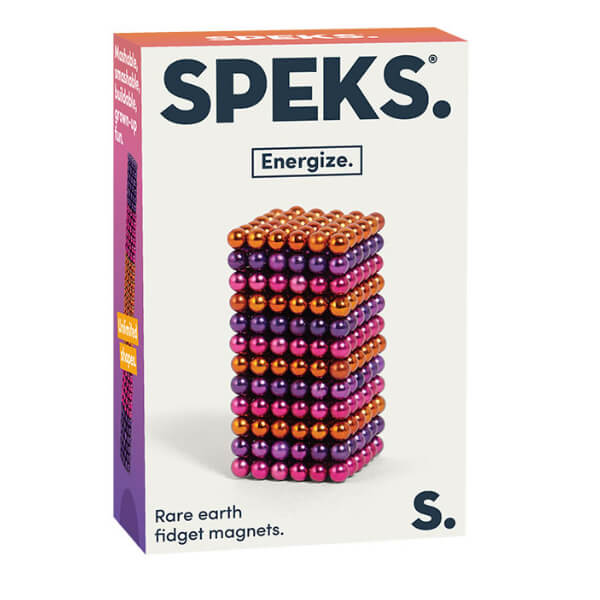 Speks Energize rare earth fidget magnets in orange and purple, shaped into a tower on packaging - Adventure Await