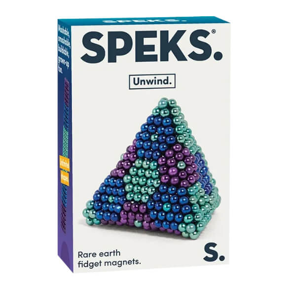 Speks Unwind rare earth fidget magnets in blue and purple, shaped into a pyramid on packaging -Adventure Awaits