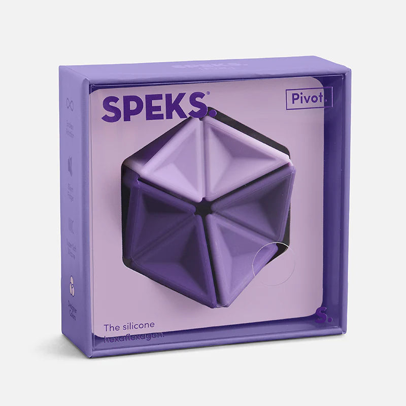Purple silicone product in packaging with 'Speks' branding on a white background
