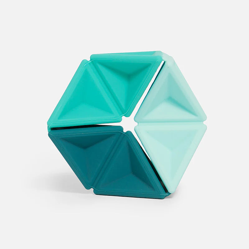 Speks Pivot Teal silicone hexaflexagon fidget toy in teal gift box packaging