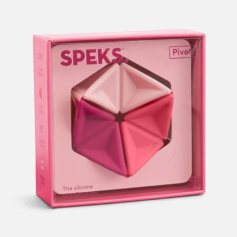 Speks Pivot Magenta silicone hexaflexagon fidget toy in pink gift box packaging