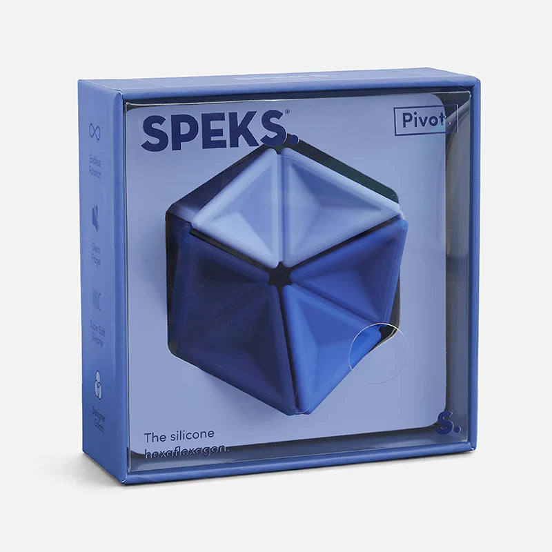 Speks Pivot Navy silicone hexaflexagon fidget toy in blue gift box packaging