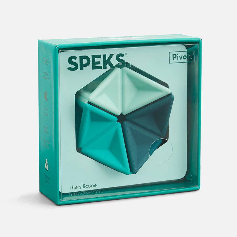 Speks Pivot Teal silicone hexaflexagon fidget toy in teal gift box packaging