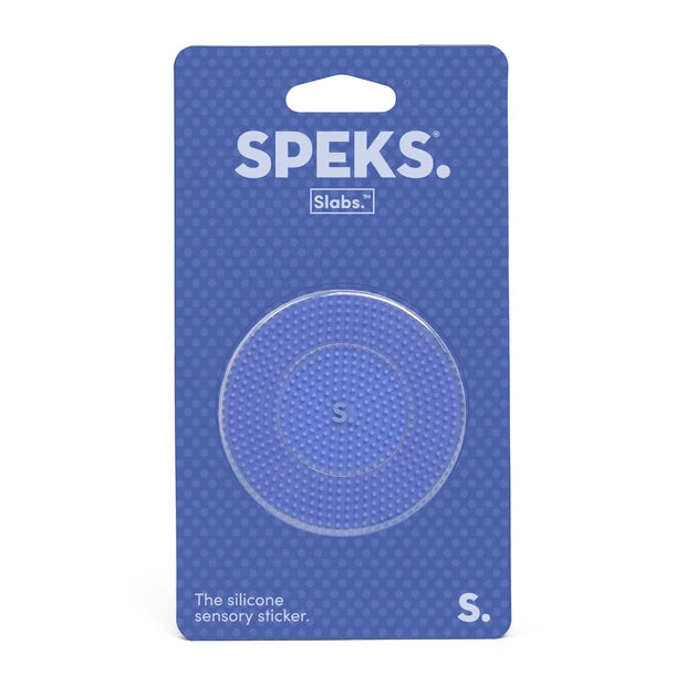 Speks silicone sensory sticker packaging on a blue background
