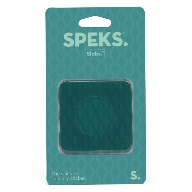 Speks Slabs silicone sensory sticker packaging on a teal background