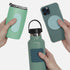 Hands holding a green water bottle and phone with matching silicone grip pads on a white background