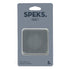 A Speks Slabs silicone sensory sticker in its retail packaging, featuring a square, ribbed gray sticker visible through a clear plastic window on a gray card backing.