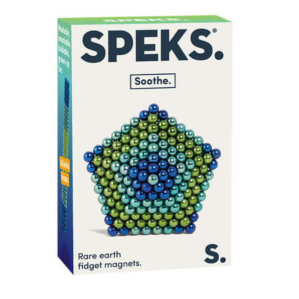 Speks Soothe rare earth fidget magnets in green and blue, shaped into a pentagon on packaging - Adventure Awaits