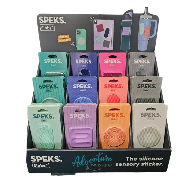 Speks Slabs silicone sensory stickers retail display with twelve colours and textures